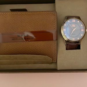 Bi-Fold Leather Wallet & Analog Quartz Watch Set (Roman Numerals)